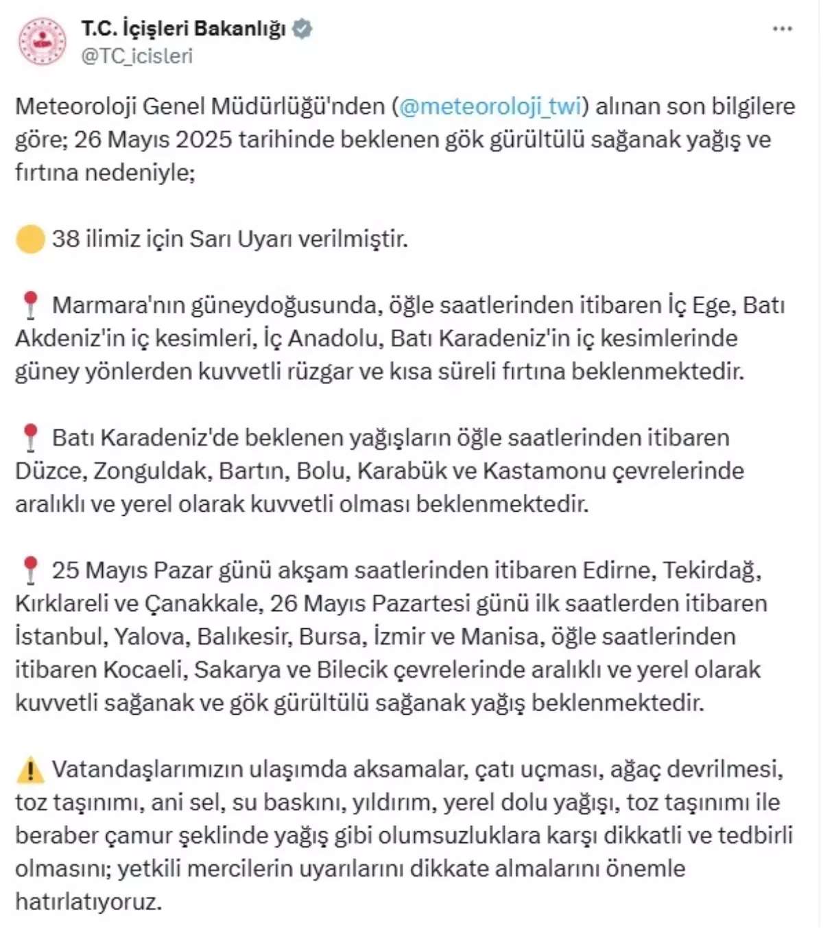 38 İl İçin Sarı Uyarı