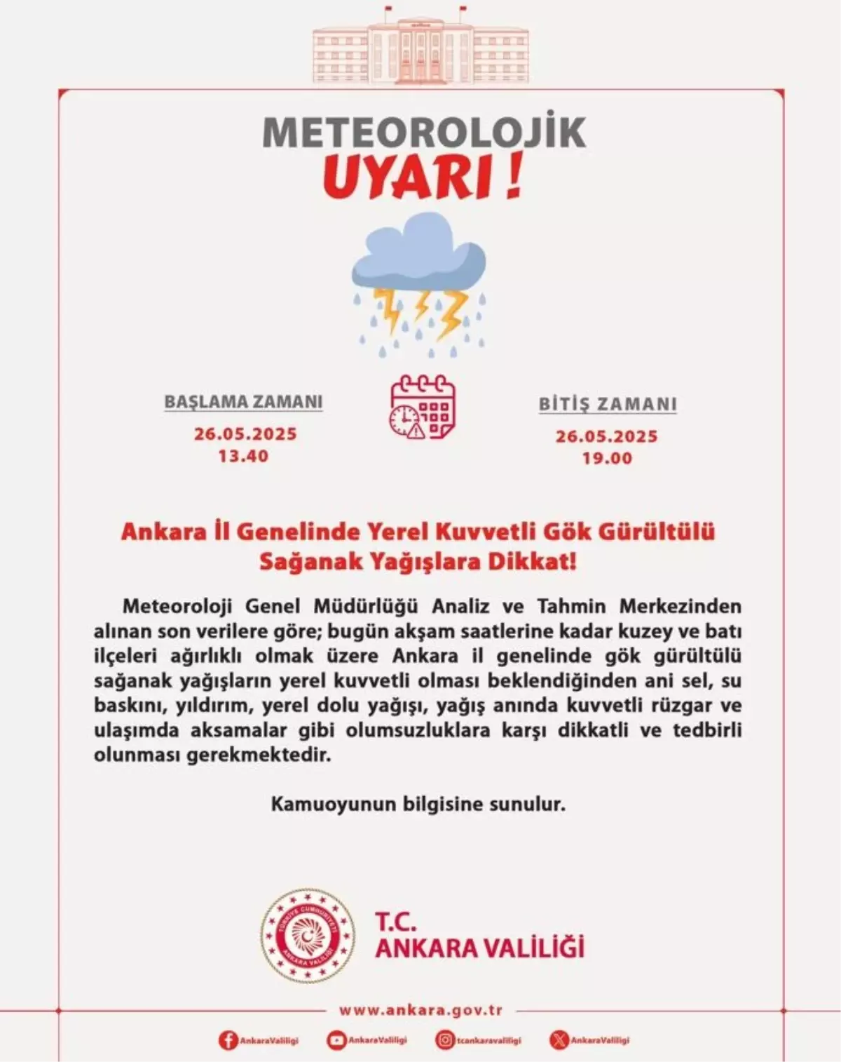 Ankara'da Sağanak Uyarısı