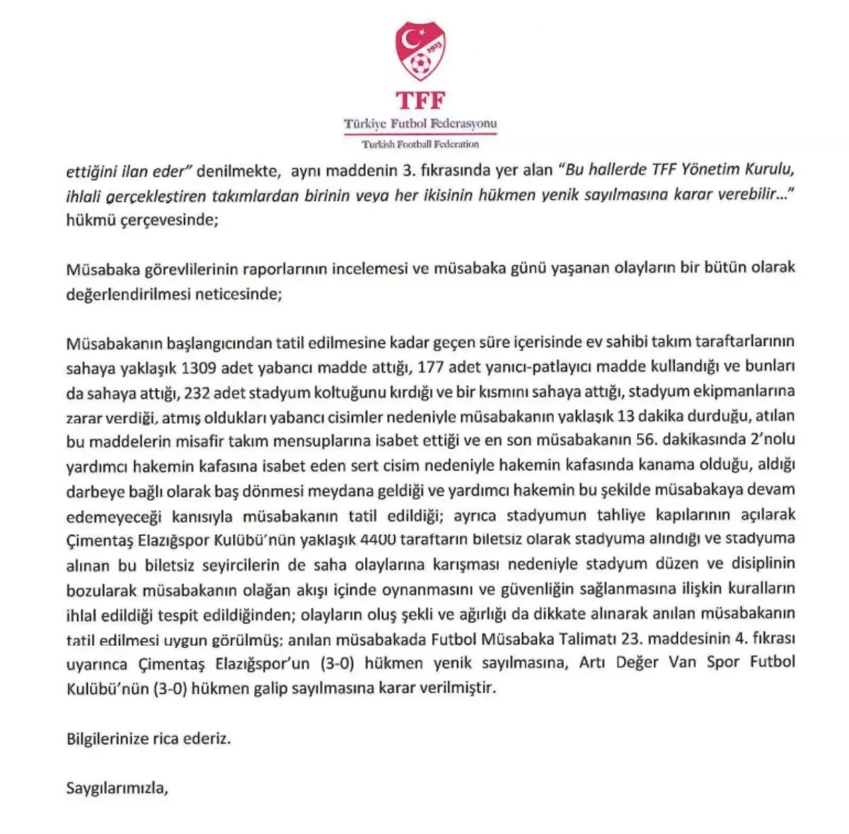 Elazığspor Hükmen Yenik Sayıldı