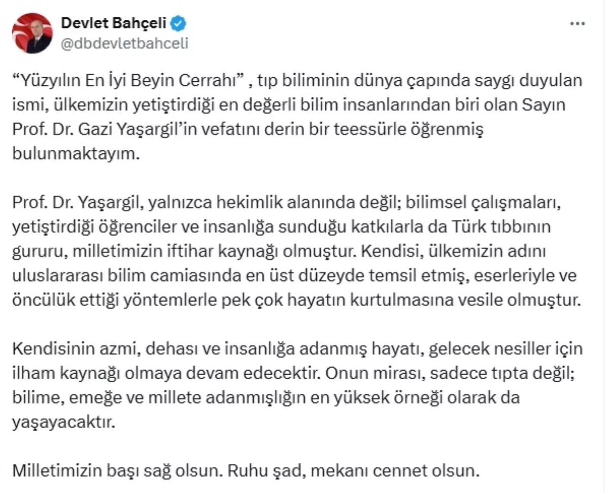 MHP'den Gazi Yaşargil'e Taziye
