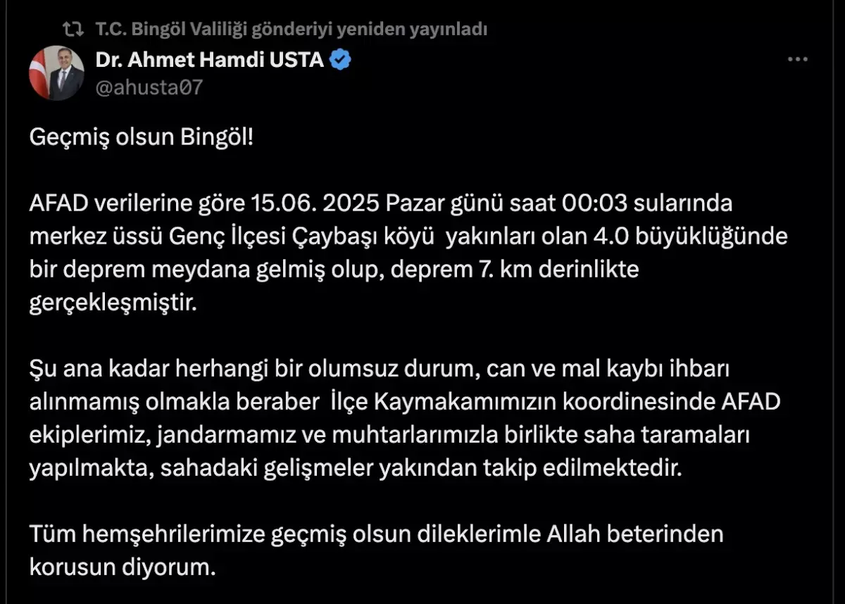 Bingöl'de 4 Büyüklüğünde Deprem