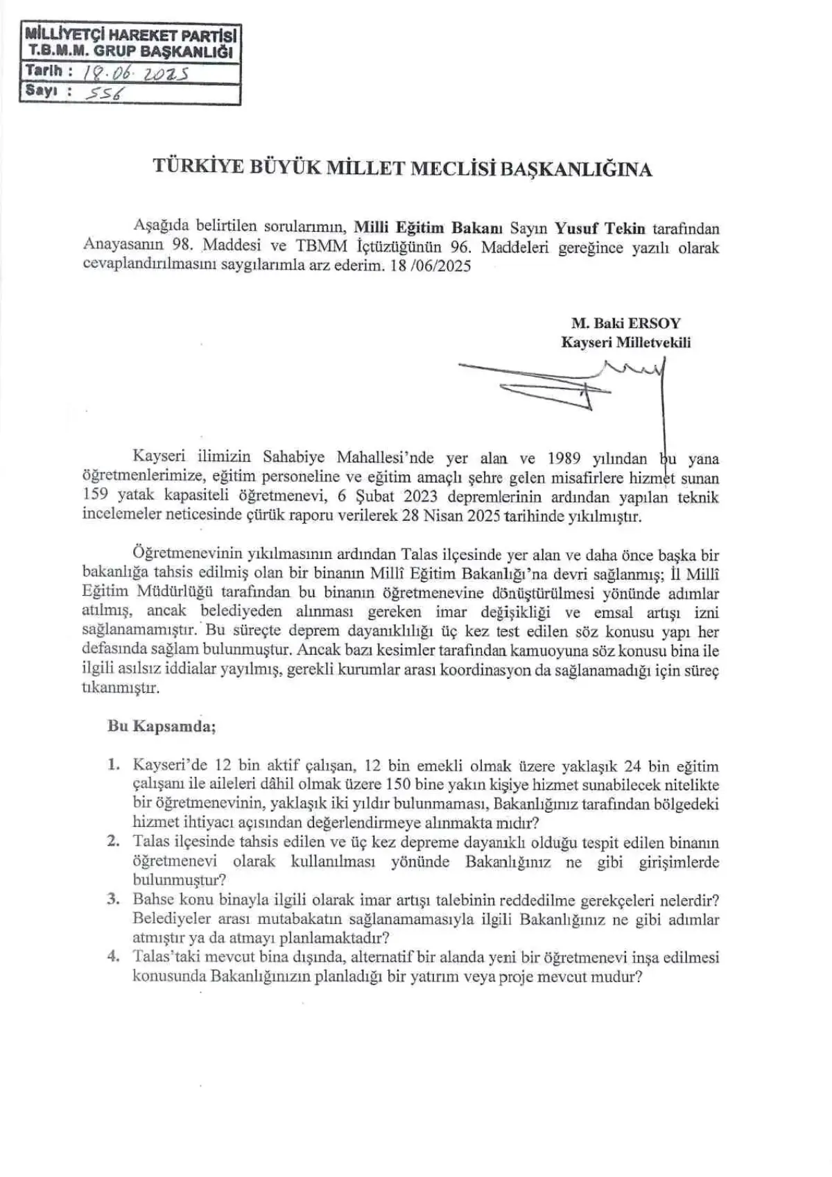 MHP'li Vekil Baki Ersoy'dan Kayseri Öğretmenevi İçin Soru Önergesi