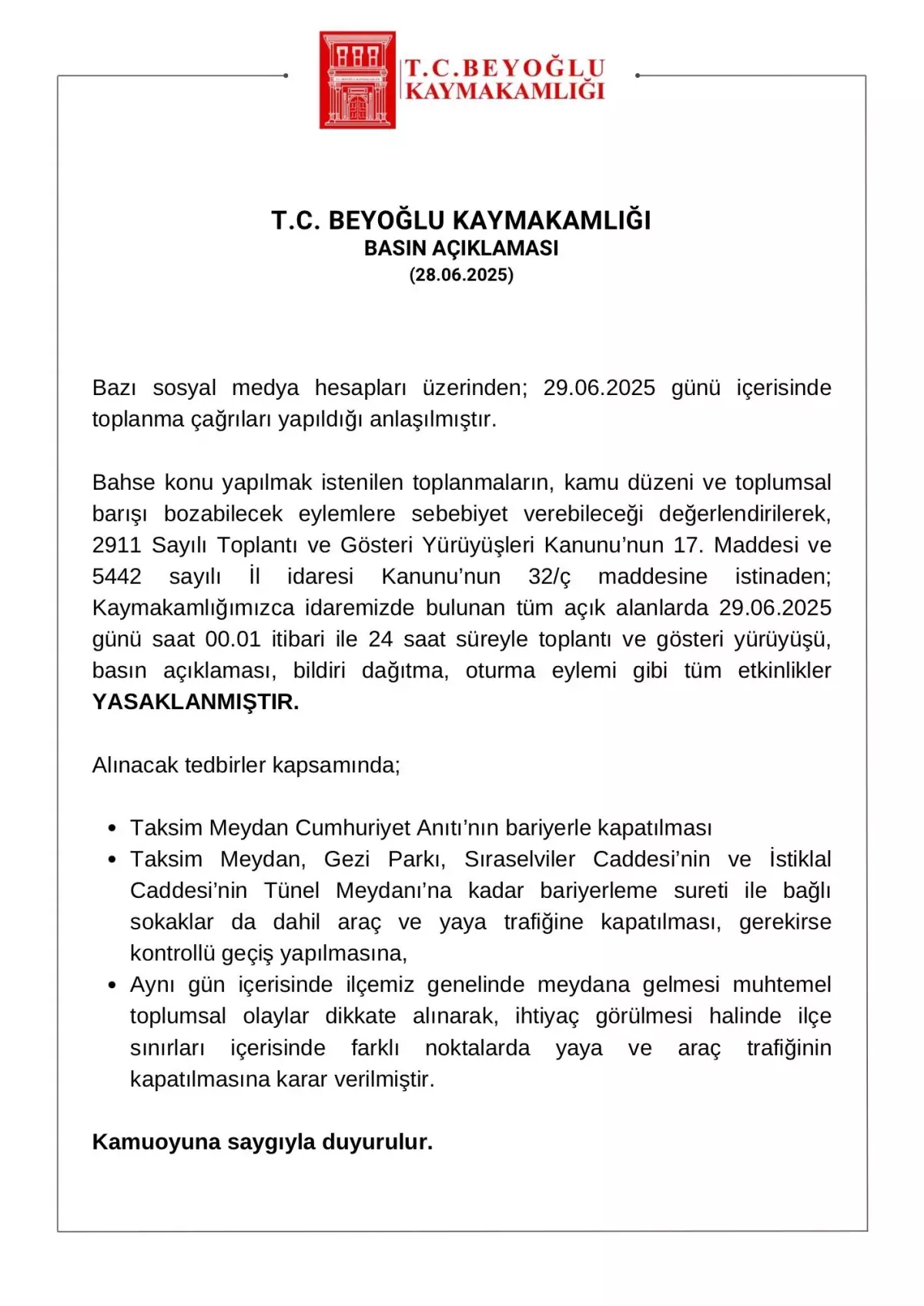 Beyoğlu'nda Gösteri Yasağı