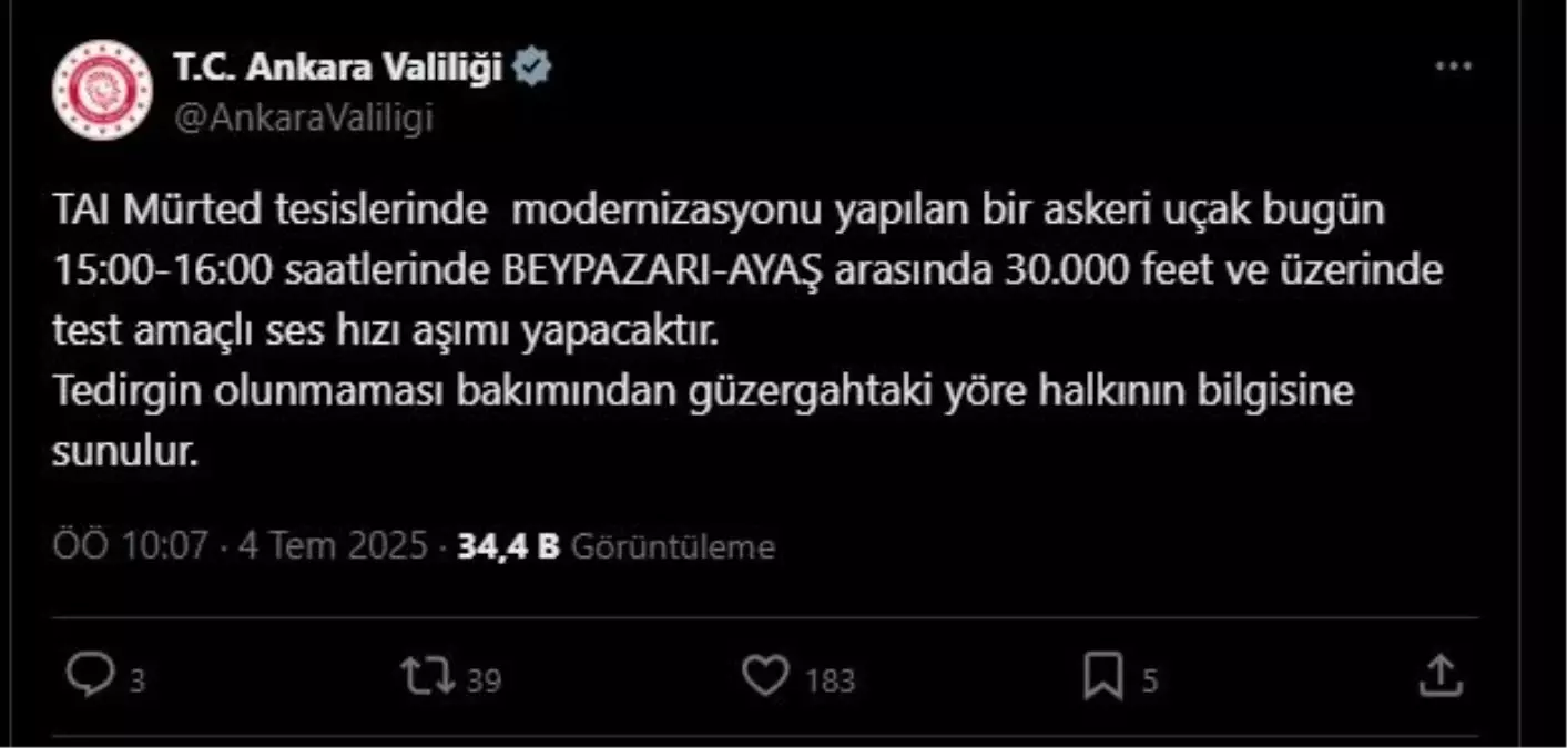 Askeri Uçağın Test Uçuşu Hakkında Uyarı