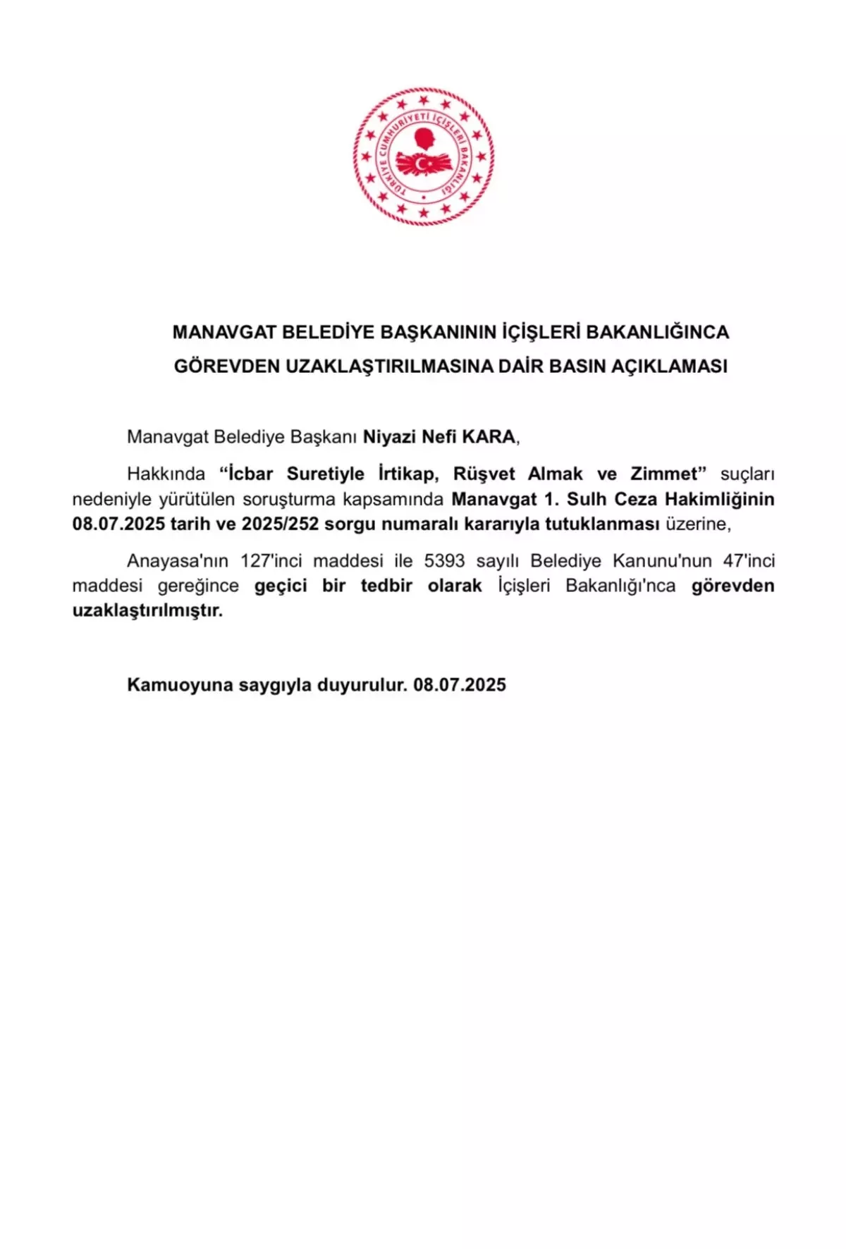 Manavgat Belediye Başkanı Tutuklandı