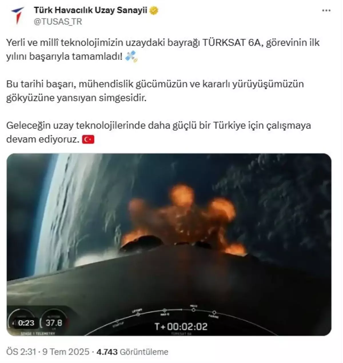 TÜRKSAT 6A'nın İlk Yılı Başarıyla Tamamlandı