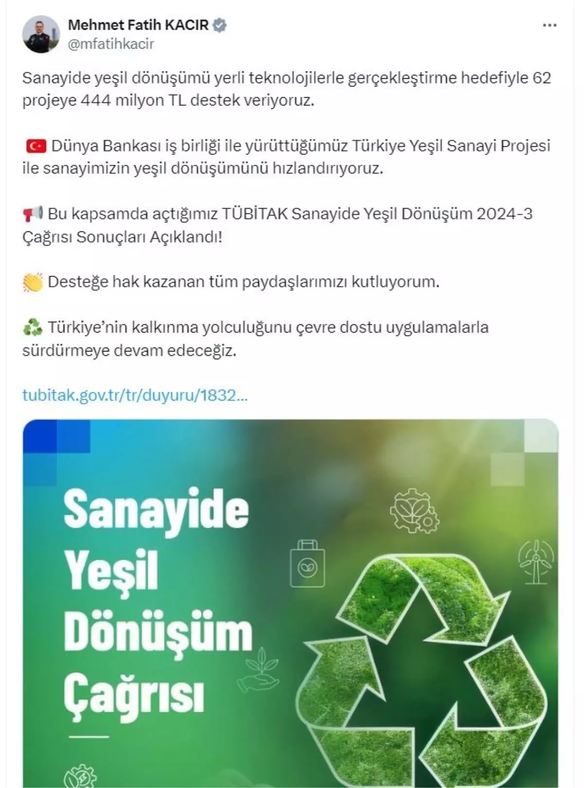 Yeşil Dönüşüme 444 Milyon TL Destek