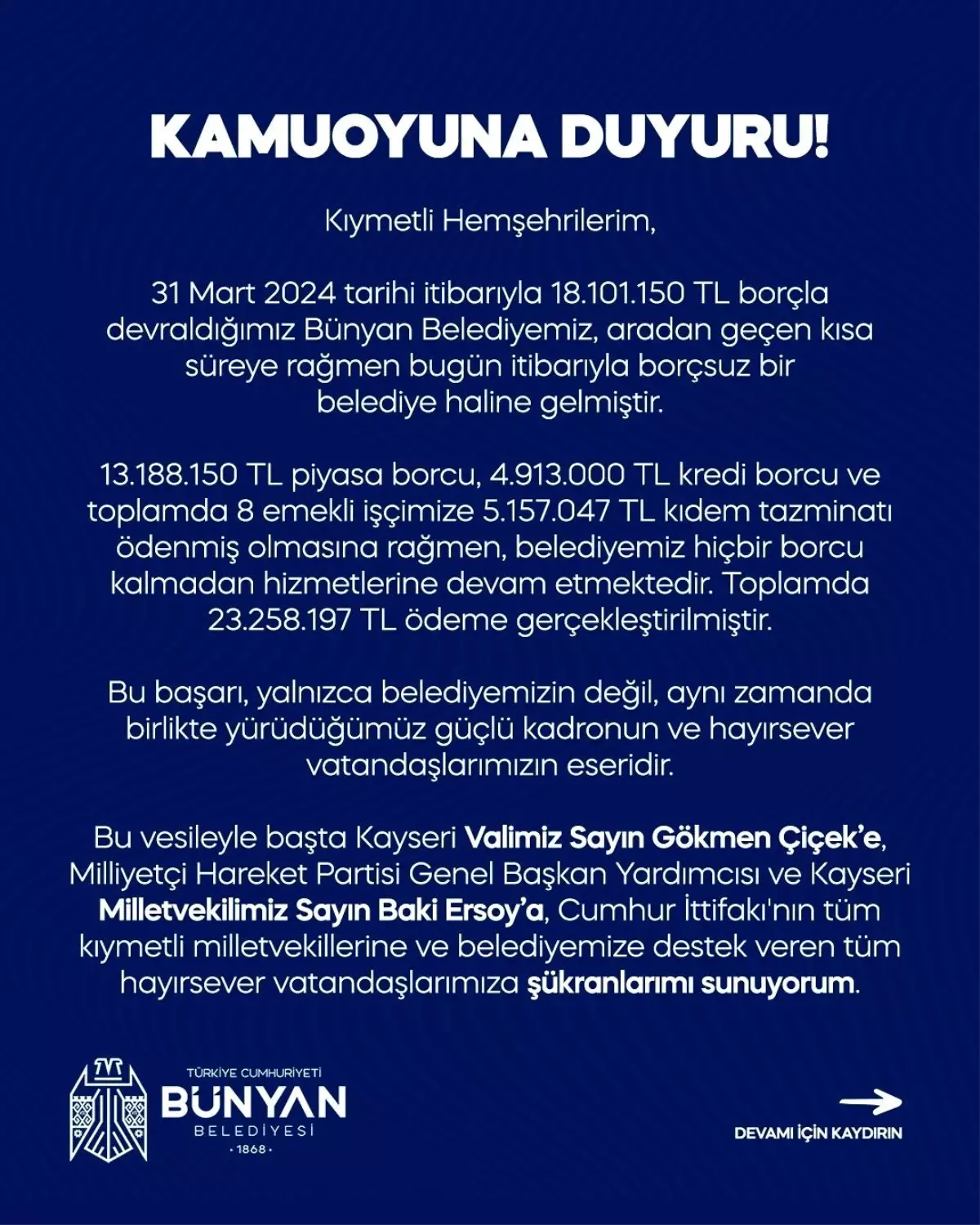 Bünyan Belediyesi Borçsuz Hale Geldi