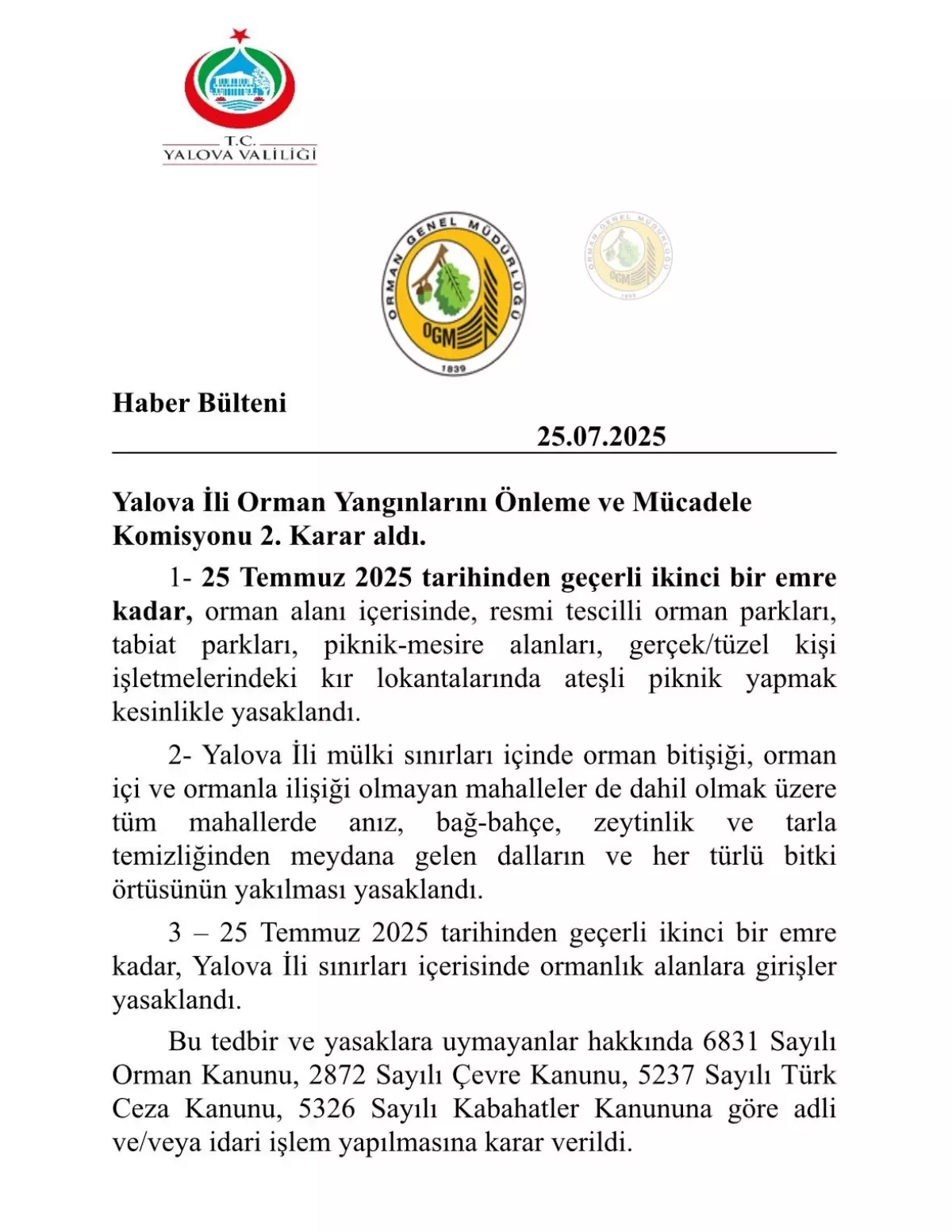 Yalova'da Ormanlara Giriş Yasağı