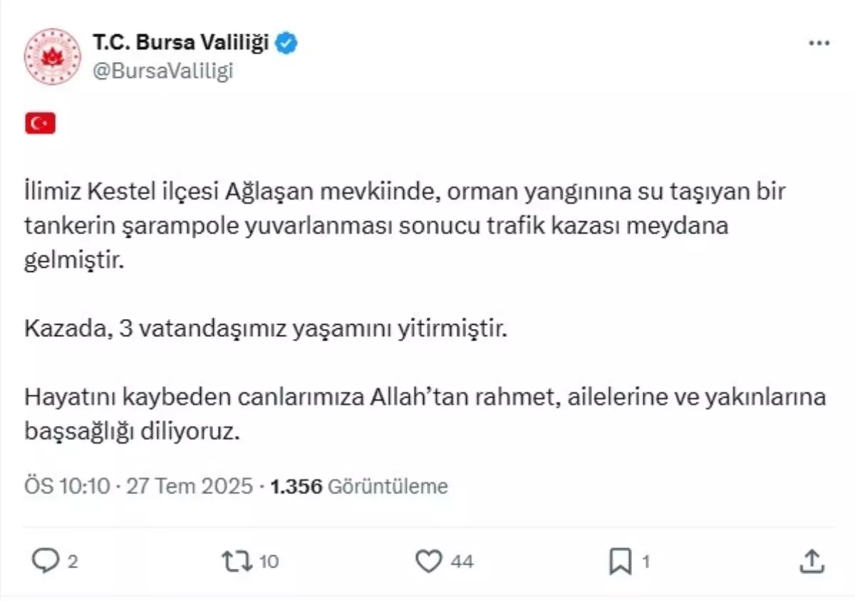 Bursa'da Orman Yangınına Giden Tanker Kaza Yaptı
