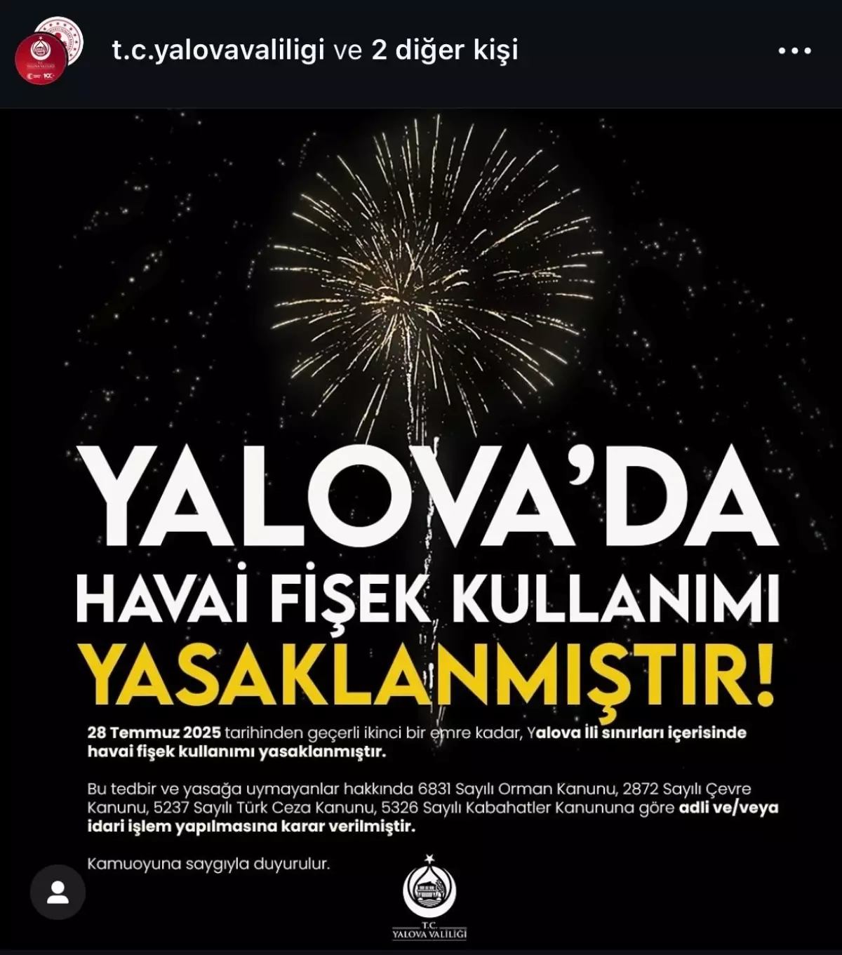 Yalova'da Havai Fişek Kullanımı Yasaklandı