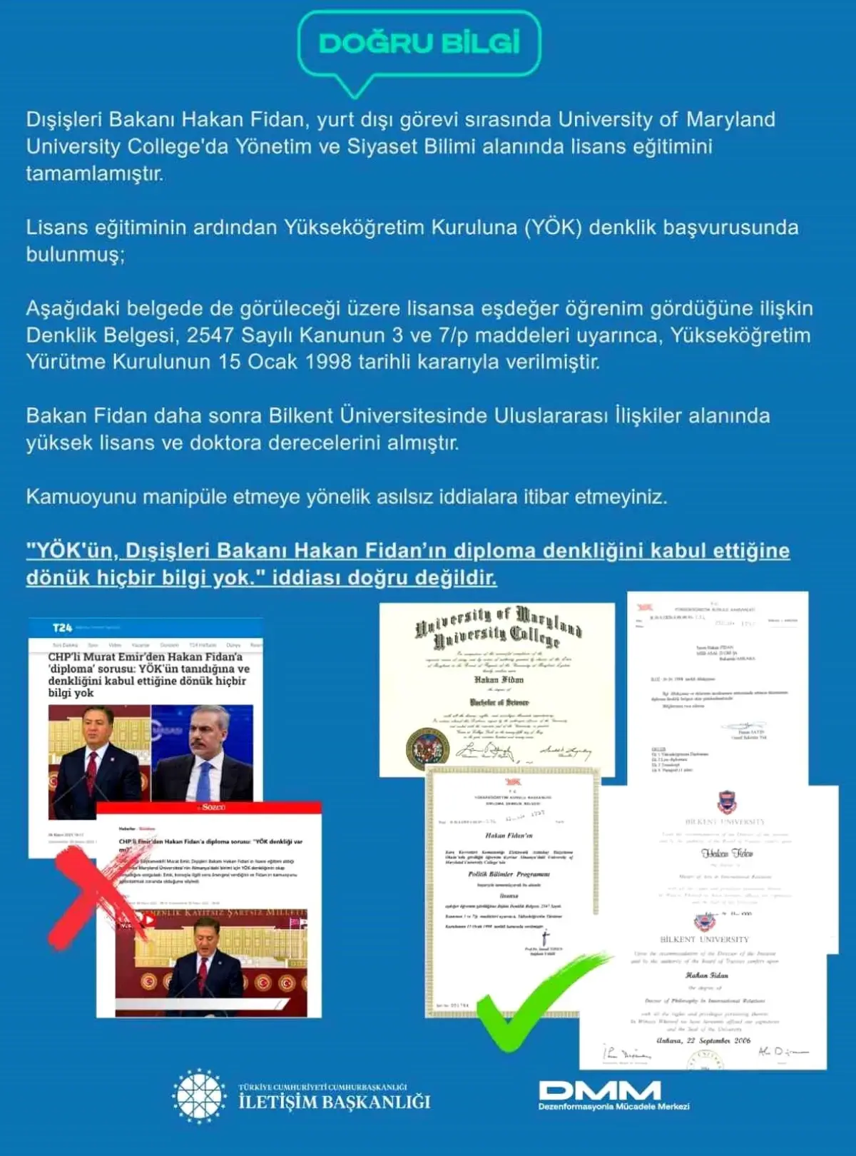 Dışişleri Bakanı Fidan'ın diploması ile ilgili iddialara belgelerle yalanlama geldi
