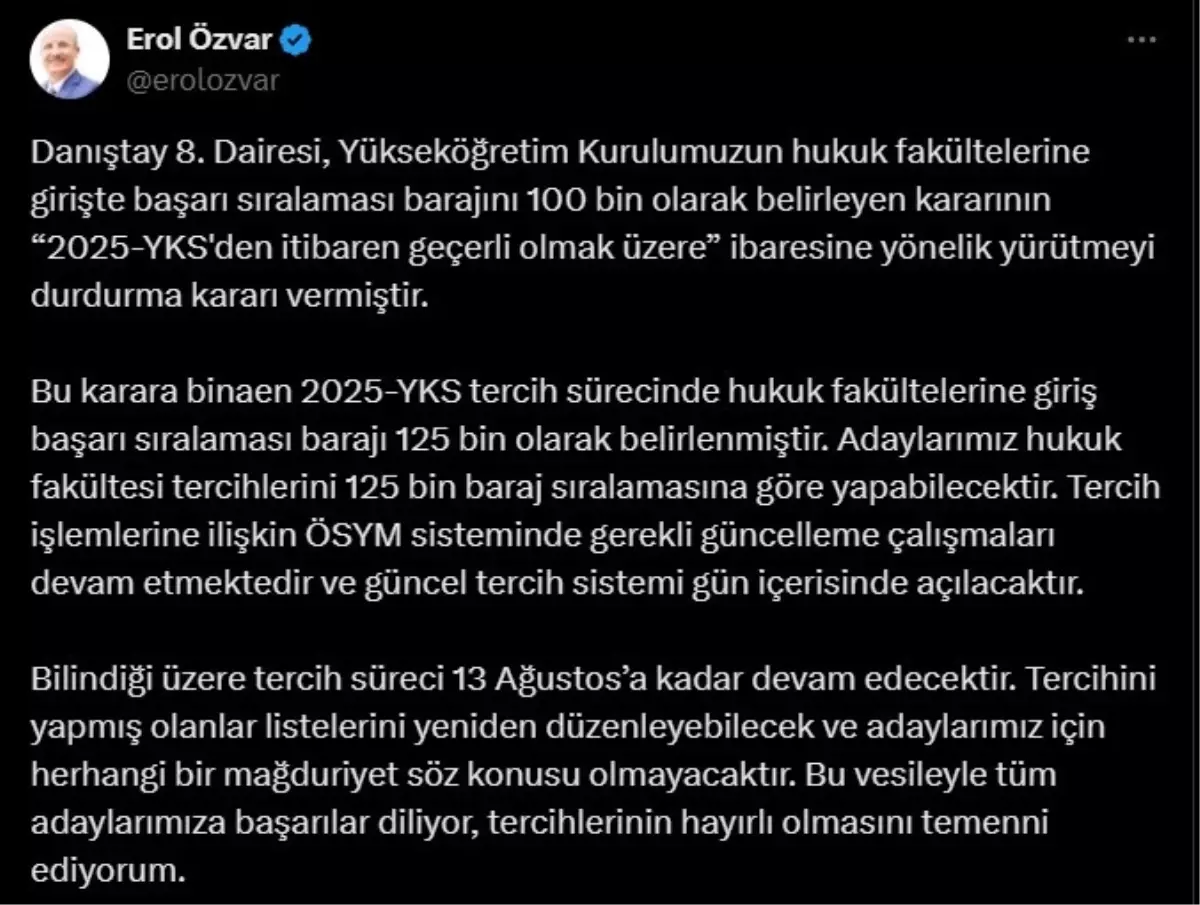 Hukuk Fakültesi Barajı 125 Bin Olarak Belirlendi