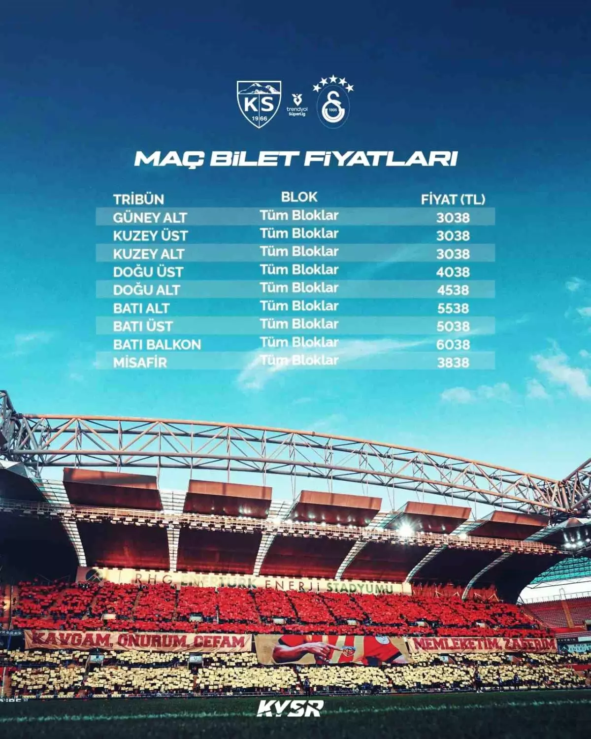 Kayserispor-Galatasaray Maç Bilet Fiyatları Belirlendi