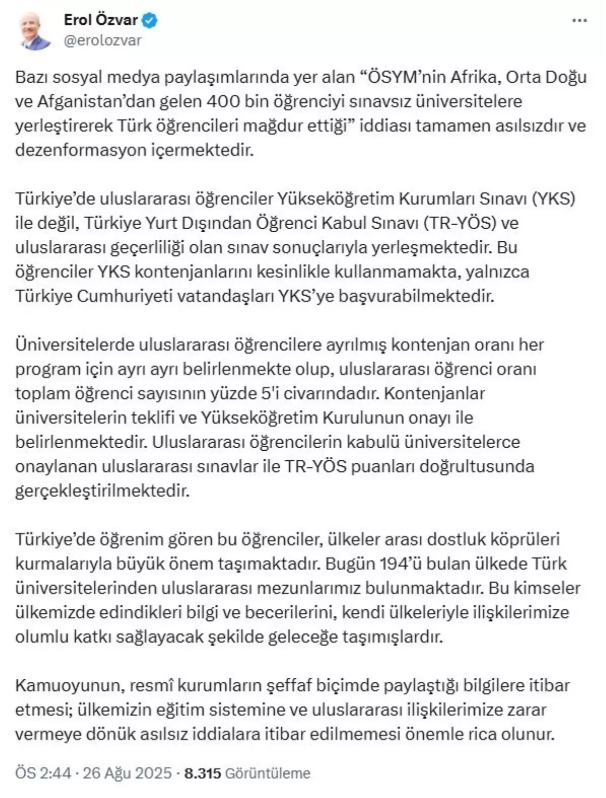 YÖK'ten Uluslararası Öğrencilere Açıklama