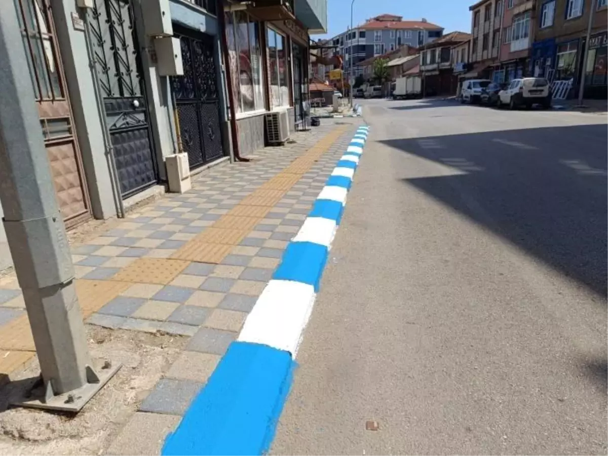 Pazaryeri'nde Kaldırım Taşları Mavi ve Beyaz Boyandı