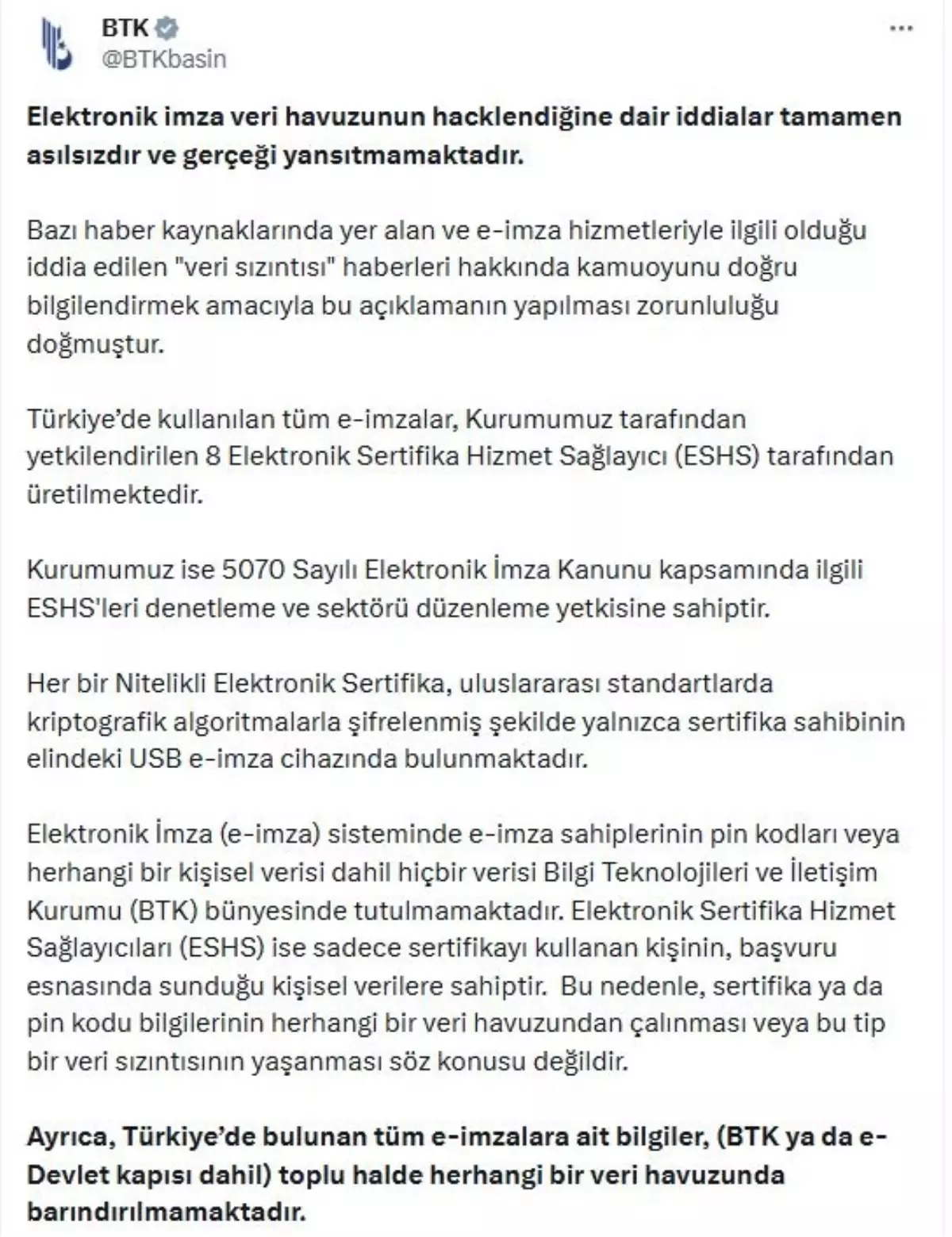 BTK'dan E-imza Verileri Açıklaması