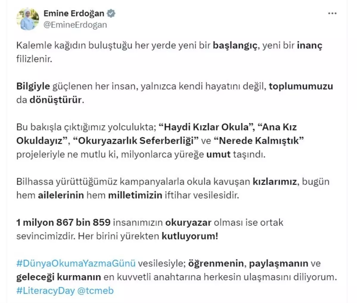 Emine Erdoğan: Okula kavuşan kızlarımız iftihar vesilesidir