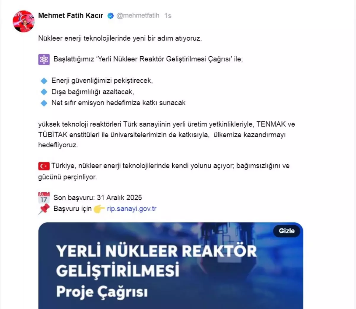 Türkiye'den Yerli Nükleer Reaktör Çağrısı