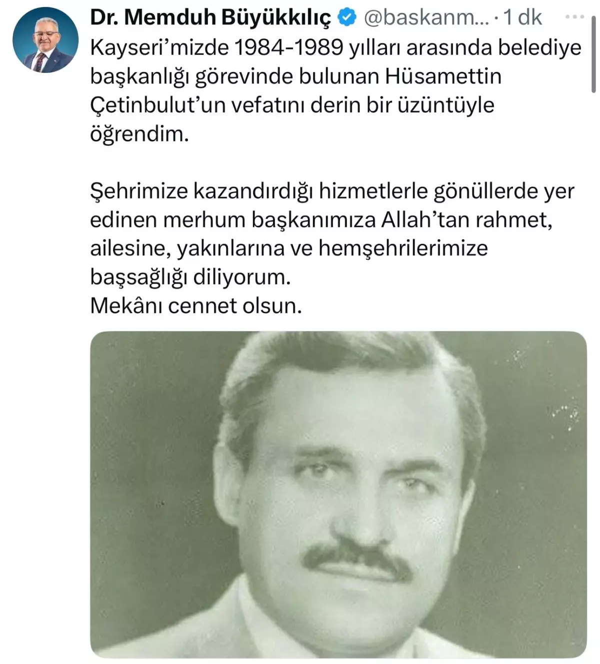 Eski Kayseri Belediye Başkanı Hüsamettin Çetinbulut Vefat Etti