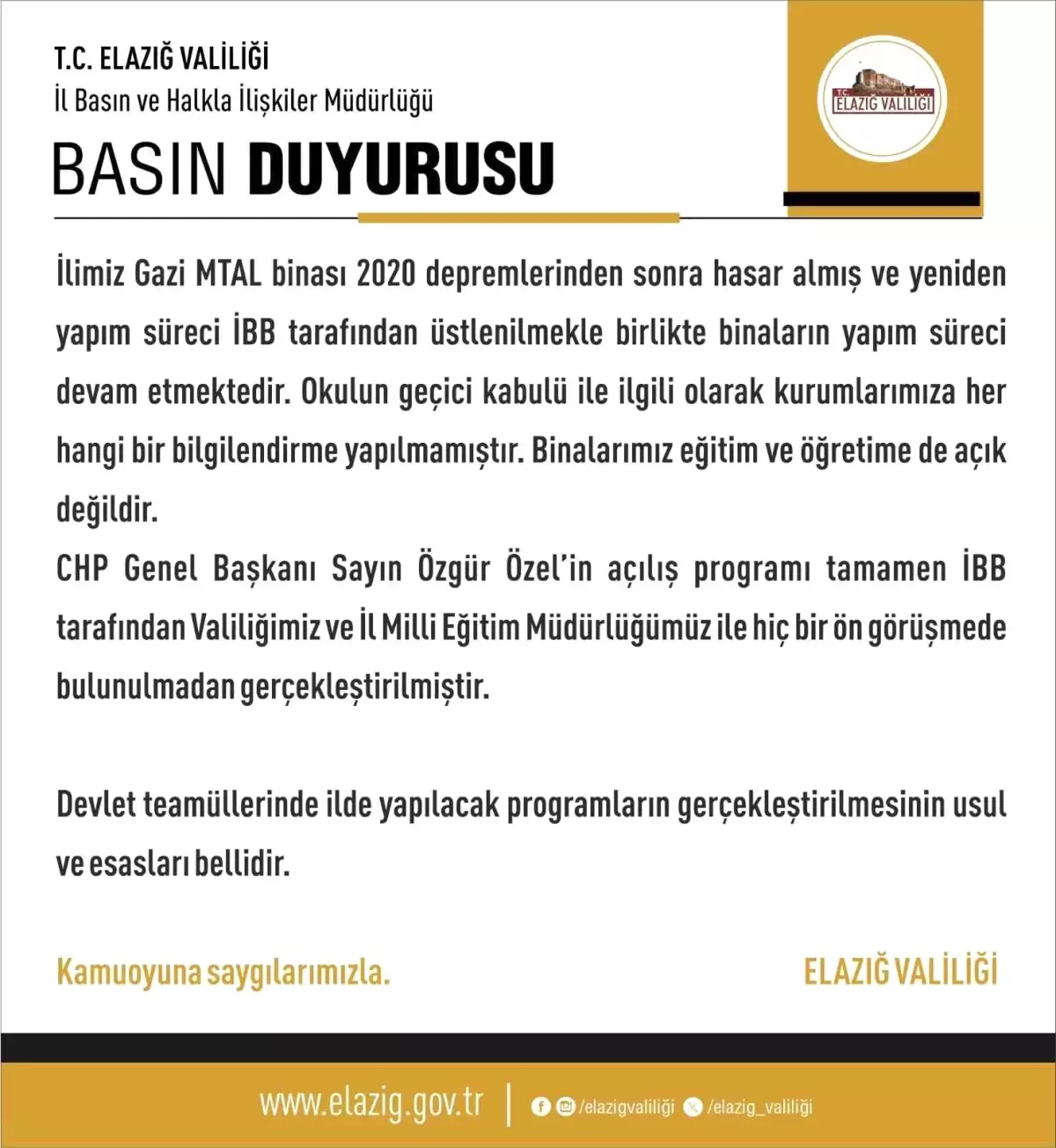 Elazığ Valiliği'nden CHP Lideri Özgür Özel'e Açıklama
