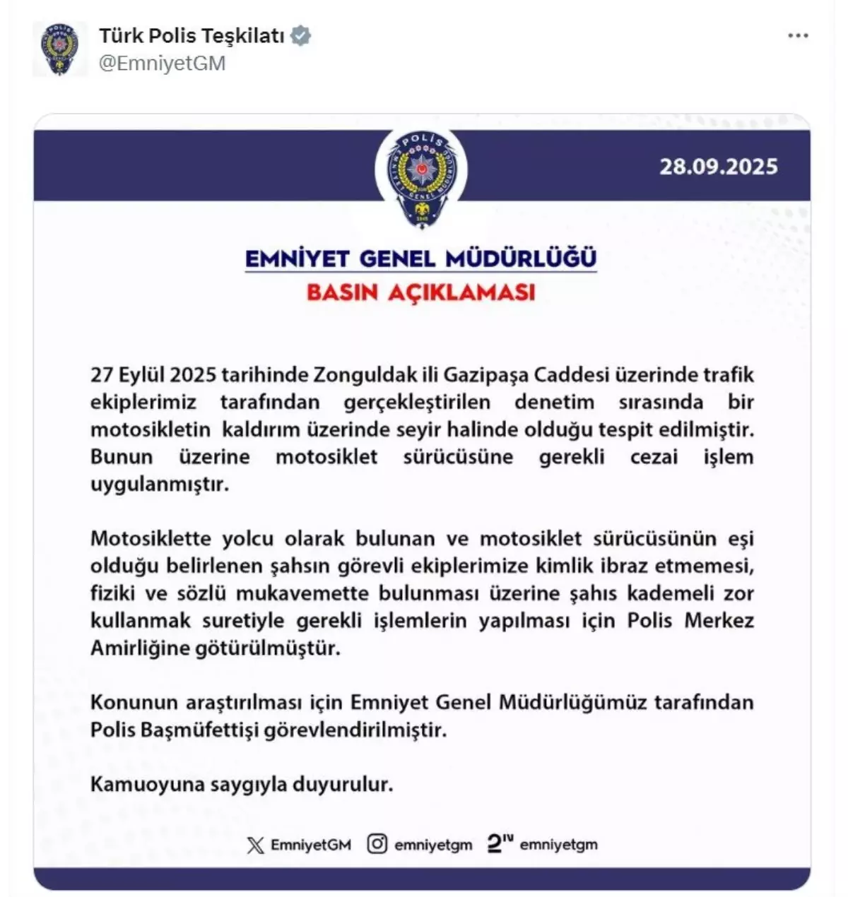 Motosiklet Sürücüsüne Ceza, Eşine Mukavemet